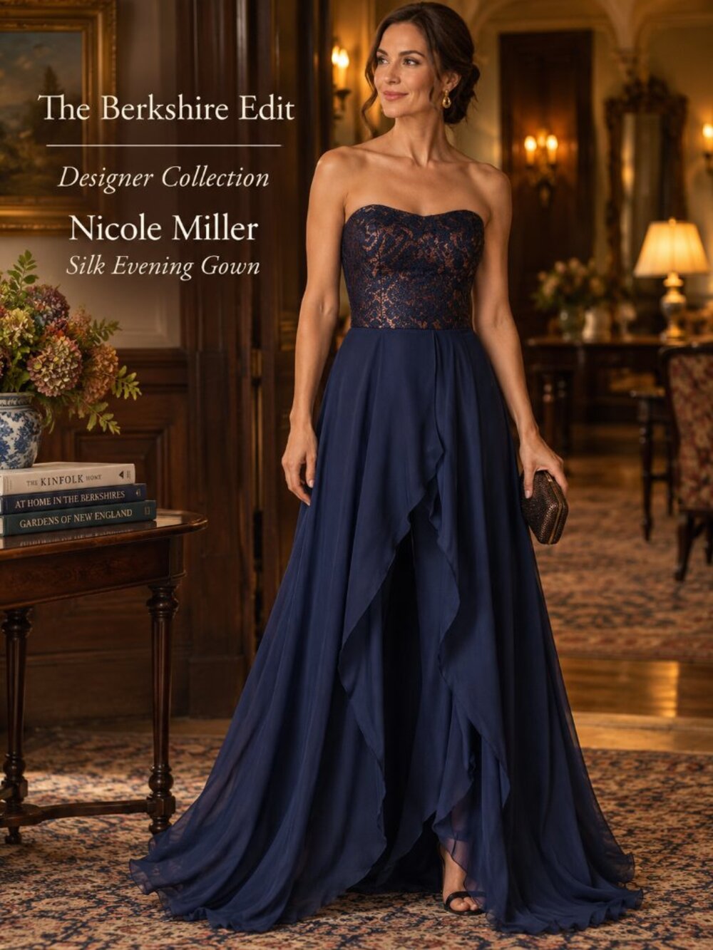 Nicole Miller 100% Silk Navy Metallic Strapless Evening Gown Dress 6